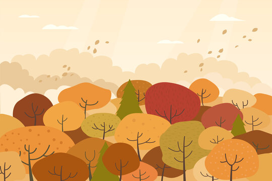 Illustration of landscape with brown trees in autumn.