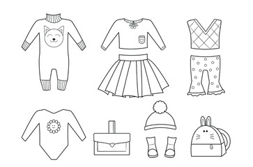Vector set: collection of vintage outfits, dress up template for coloring. Coloring page - educational and creativity toy