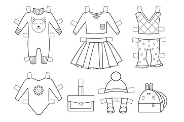 Cute clothes for paper doll. Black and white vector set, dress up template for coloring. Educational and creativity toy for children