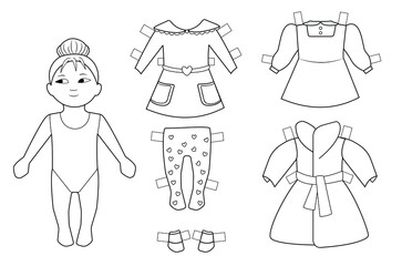 Vector set: paper doll and collection of vintage outfits, dress up template for coloring. Educational and creativity toy. 
