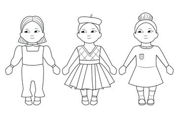 Cute little girls. Linear vector illustration isolated on white background. Coloring pages for younger students and preschoolers. Educational and creativity hobby