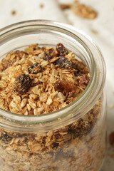 Healthy and easy homemade granola in a jar. Serie of photos.