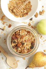 Healthy and easy homemade granola in a jar. Serie of photos.
