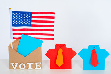 Us Presidential election, origami concept. Election of the President of the United States. Information about the American Presidential election. Voting in the election of 2020 in USA.