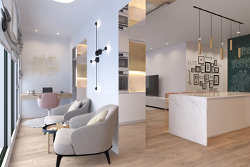 Fototapeta na wymiar 3d illustration interior design of a city apartment. Kitchen and living room with day and artificial lighting. 3d render home office for freelance. Remote work. Convenient area for relaxation and coff