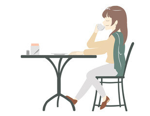 カフェで飲み物を楽しむ女性　ズボン(線無し)