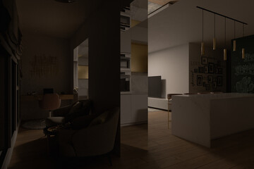 3d illustration interior design of a city apartment. Kitchen and living room with day and artificial lighting. 3d render home office for freelance. Remote work. Convenient area for relaxation and coff