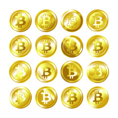 An illustrated set of various shiny golden Bitcoins, isolated on white.