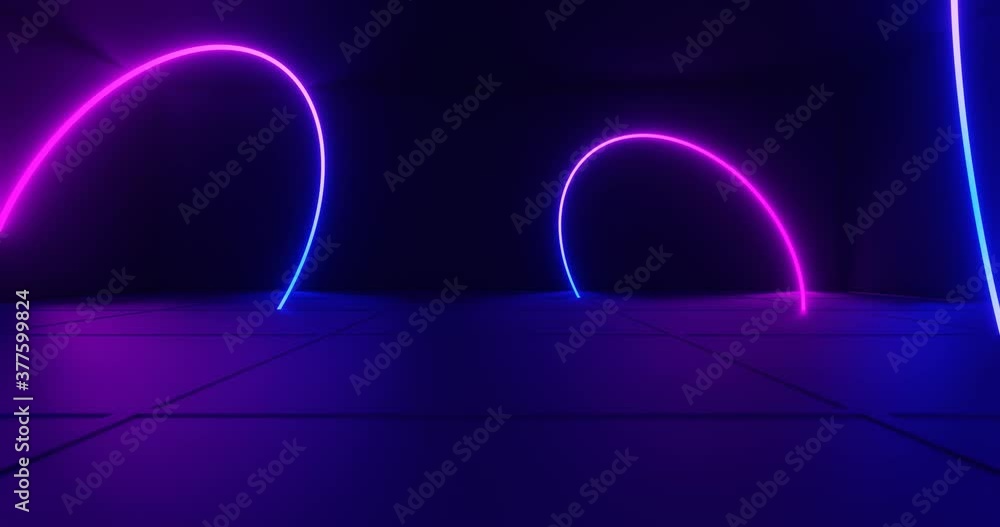 Poster 3d rendering seamless loop animation of blue and purple neon ring in dark room.