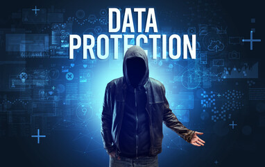 Faceless man with DATA PROTECTION inscription, online security concept