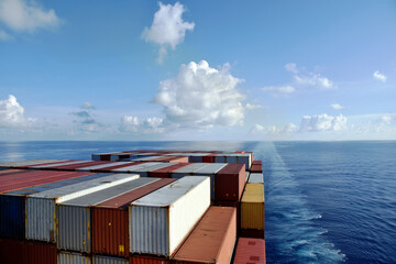 Fully loaded container ship sailing through a blue, calm ocean. View on the stack of the containers...