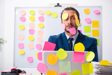 Young male employee in conflicting priorities concept