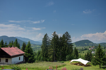 Fototapeta na wymiar Relaxation area Tihuța Retreat from Piatra Fântânele near Dracula's castle,Bistrita, Romania, 2020