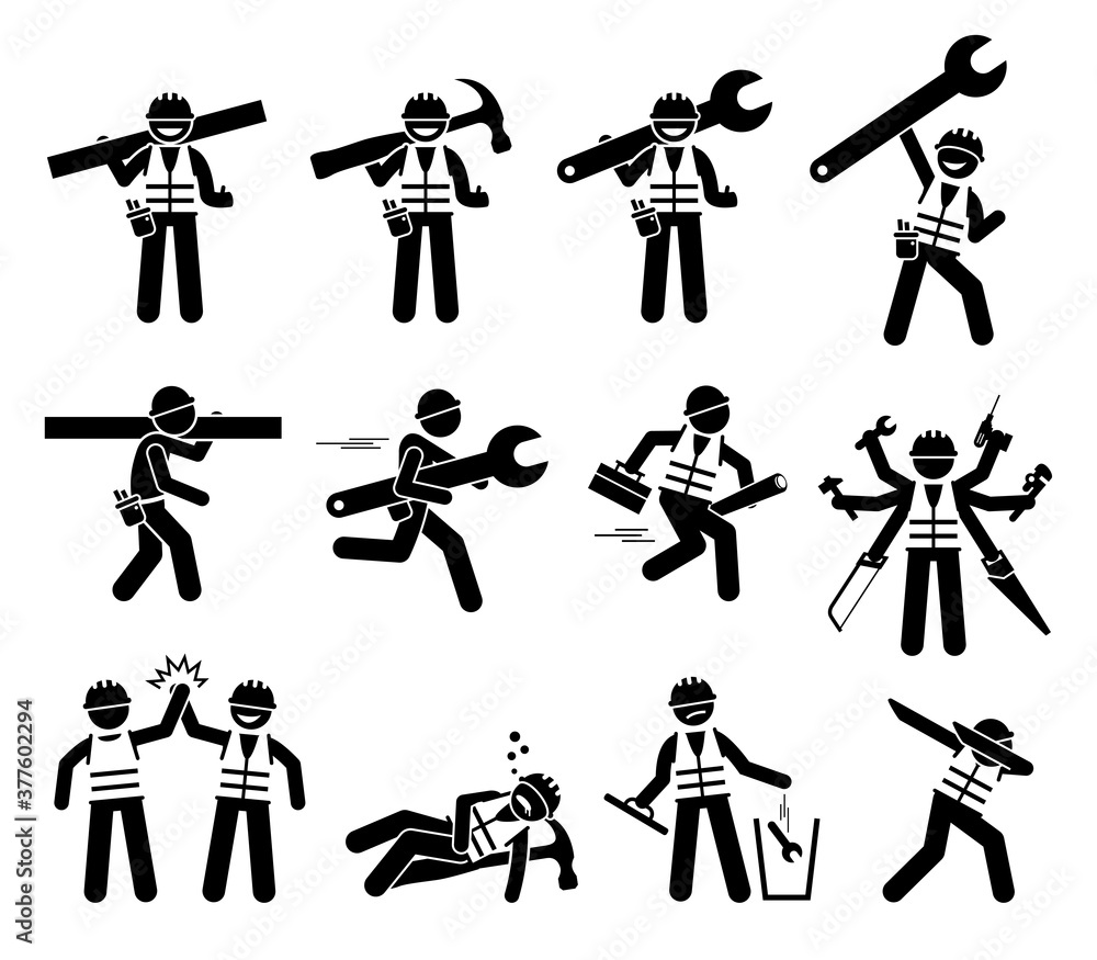 Wall mural Construction worker and handyman stick figures icons set. Vector illustrations of industrial worker characters with tools and equipment for build, repair, and fix.