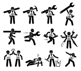 Construction worker and handyman stick figures icons set. Vector illustrations of industrial worker characters with tools and equipment for build, repair, and fix.