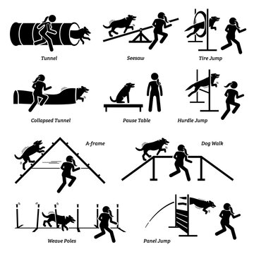 Dog agility competition icons set. Vector illustrations of dog agility obstacles and hurdles course event.