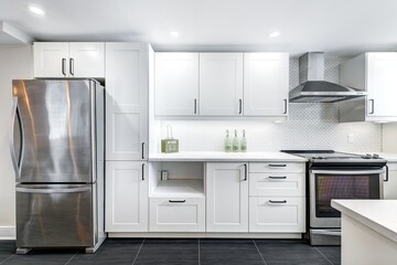 Fototapeta premium Real Estate Photography - Renovated furnished for sale house in Montreal's suburb with bathroom, basement and new kitchen 