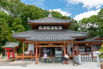 Naklejka premium Hall with an enshrined statue of Kobo Daishi of Nakayamadera temple in Takarazuka city, Hyogo, Japan. Notes: no property release is required which was confirmed with the temple.