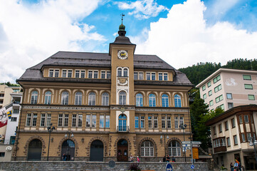 Fototapeta na wymiar The impressive facade of the Town Hall of St Moritz in Switzerland.