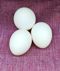 Three white eggs on a rag denim blue background