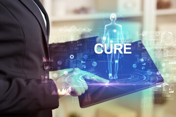 Electronic medical record with CURE inscription, Medical technology concept
