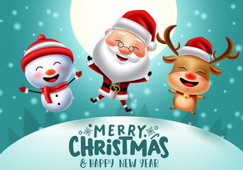 Merry christmas vector banner background design. Merry christmas text with santa claus, reindeer and snowman xmas characters playing in falling snow for holiday season xmas greeting card.
