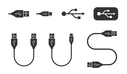 USB icons and different cable and adapter vector symbols