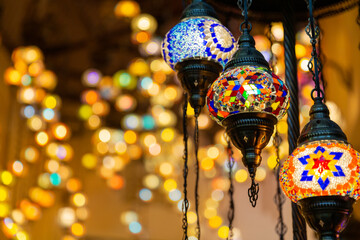 a lot of colorful lamps showed in souvenir shop in dubai, uae