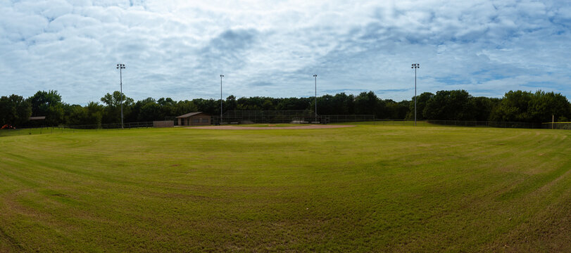 Panoramic view of home plate on baseball field from centerfield