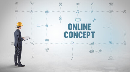 Engineer working on a new social media platform with ONLINE CONCEPT inscription concept