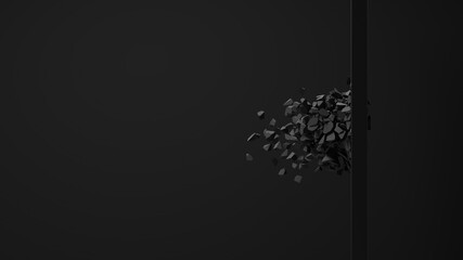 Abstract composition of cracked surface. A bullet or stone pierces a black square on a black gray background. Animated cgi background with a broken shape and flying small particles. 3d rendering