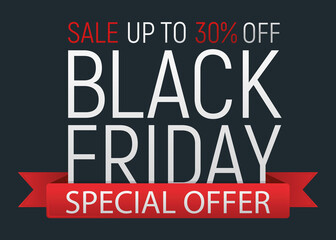Concept black friday event banner and flyer, big sale clearance font text vector illustration. Design advertisement 30% closeout promotion label, season shopping.
