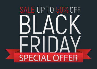 Fototapeta na wymiar Concept black friday event banner and flyer, big sale clearance font text vector illustration. Design advertisement 50% closeout promotion label, season shopping.