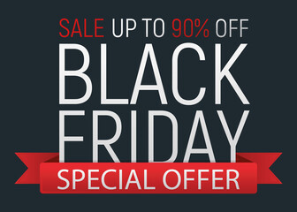 Concept black friday event banner and flyer, big sale clearance font text vector illustration. Design advertisement 90% closeout promotion label, season shopping.