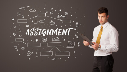 Businessman thinking with ASSIGNMENT inscription, business education concept