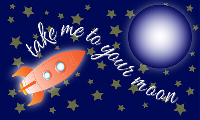 Fototapeta na wymiar Illustration of a rocket going to the moon with a message of love to use in love cards or backgrounds. Specially for valentines or celebrations.