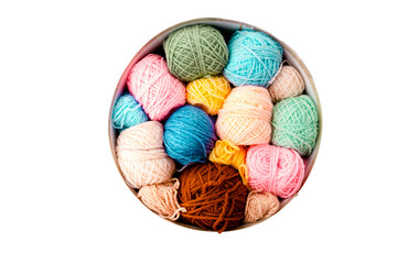 Colorful Balls of wool with knitting needles on white background,hobby and free time concept. Yarns for knitting copyspace