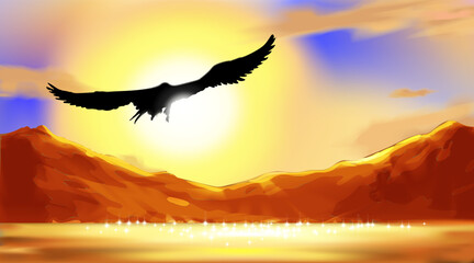 Naklejka na ściany i meble Art background with the silhouette of an eagle, flying over the water on sunrise. Morning at mountains landscape, among the peaks and cloud sky. Vector illustration.