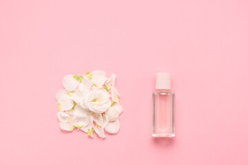 Hand cream with flowers. Delicate skin care concept. Top horizontal view copyspace