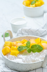 The thai dessert food modern style : The homemade sago in coconut milk with topping is mango cut into squares and cantaloupe ball in the white bowl and placed on tablecloth plaid on the marble table.