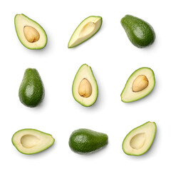 Collection of avocados isolated on white background