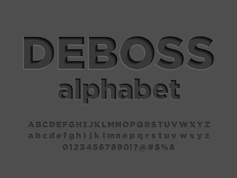 Modern embossed alphabet design with uppercase,lowercase, numbers and symbols