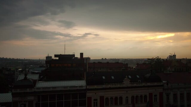 sunset with heavy clouds in Belgrade city.