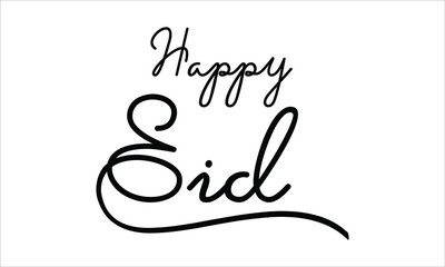 Happy Eid Black script Hand written thin Typography text lettering and Calligraphy phrase isolated on the White background 