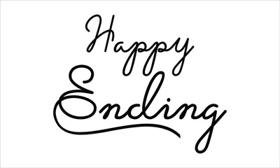 Happy Ending Black script Hand written thin Typography text lettering and Calligraphy phrase isolated on the White background