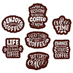 Fototapeta na wymiar Collection of hand drawn lettering about quarantine coffee. Calligraphy style quote. Graphic design lifestyle lettering. Handwritten lettering design elements for cafe decoration and shop advertising.