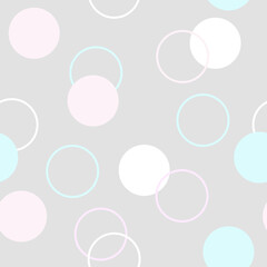 Seamless pattern of pastel circles and rings on grey. Vector repeating abstract background for textile, fabrics, wallpaper, print, cover, backdrop, surface, banner, package design. Polka-dot and rings
