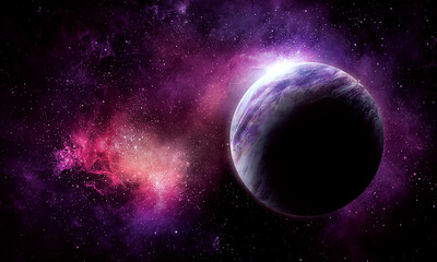 Fototapeta na wymiar planet moon in space among the pink bright glow of stars and nebulae, abstract space 3d illustration, 3d image,
