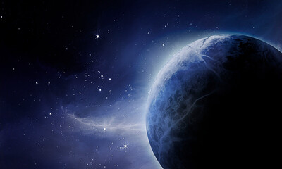 blue planet in space among the blue glow of falling stars, clouds and nebulae, abstract space 3d illustration, 3d image,