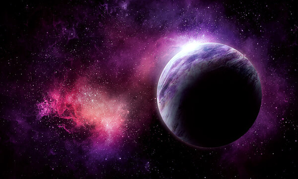 planet moon in space among the pink bright glow of stars and nebulae, abstract space 3d illustration, 3d image,
